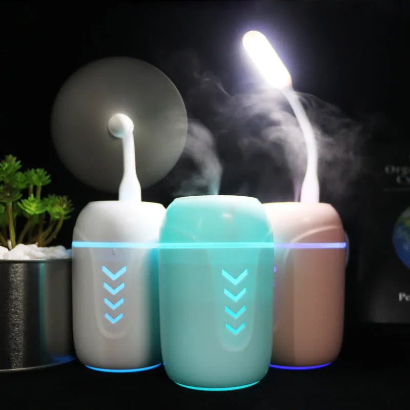 X3 portable car humidifier in columnar shape, shown in blue, pink, and white colour options.