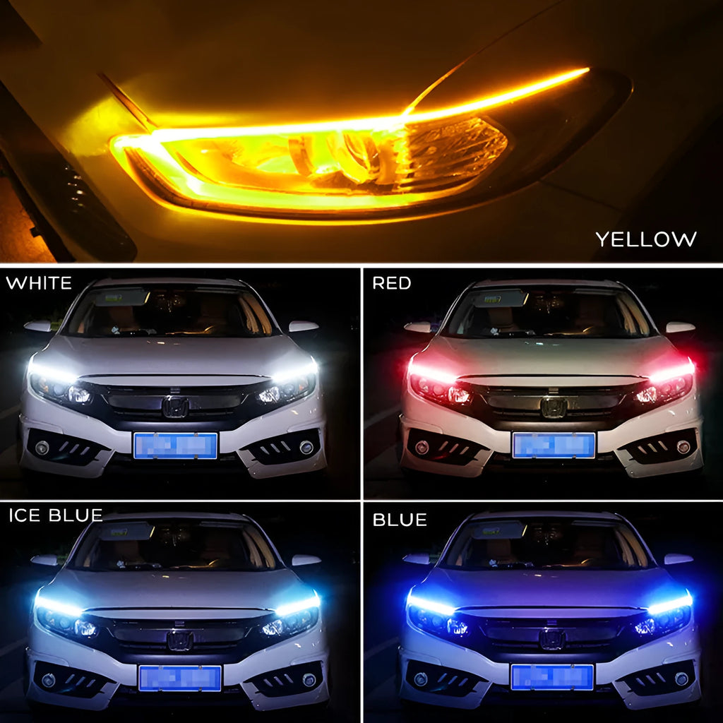 Car LED turn signal strip light with flowing animation pattern in silicone waterproof housing