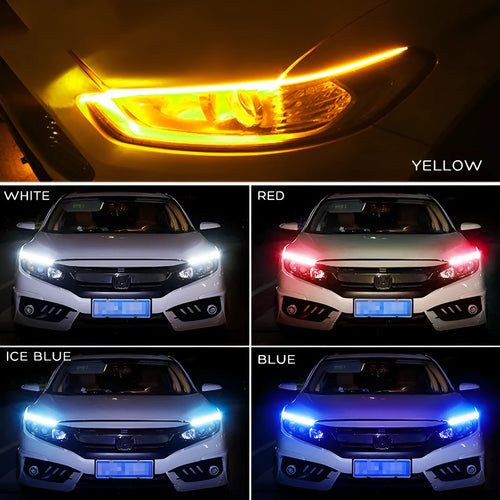 Car LED turn signal strip light with flowing animation pattern in silicone waterproof housing
