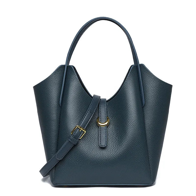 Genuine leather women's retro bucket bag in beige with top handle and sandwich pocket