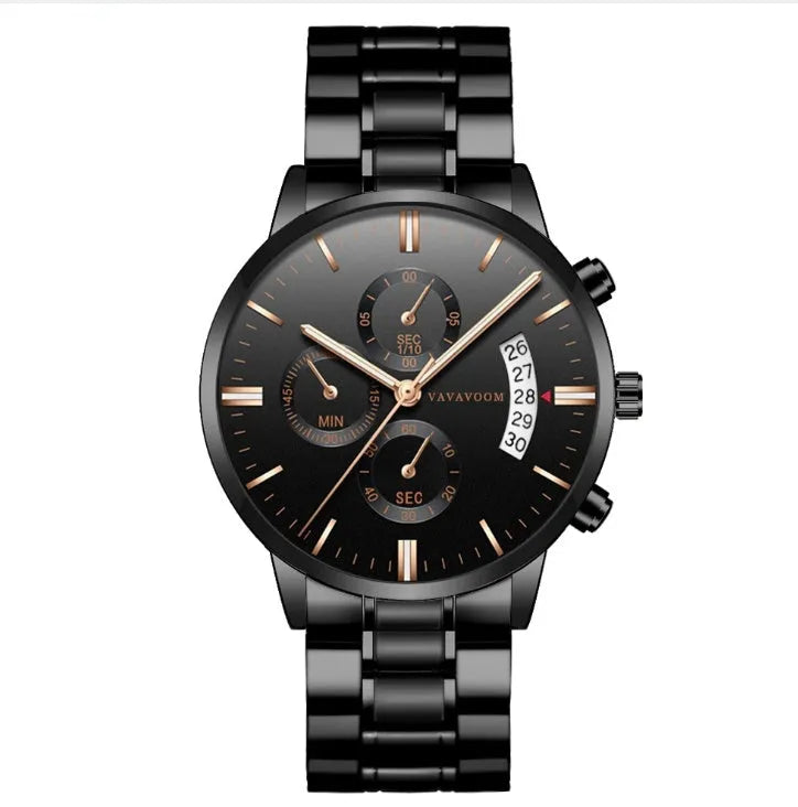 Men's stainless steel quartz watch with 43mm round dial and butterfly buckle in black and silver