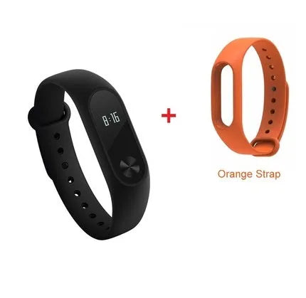 Xiaomi Mi Band 2 black fitness tracker on wrist showing OLED display