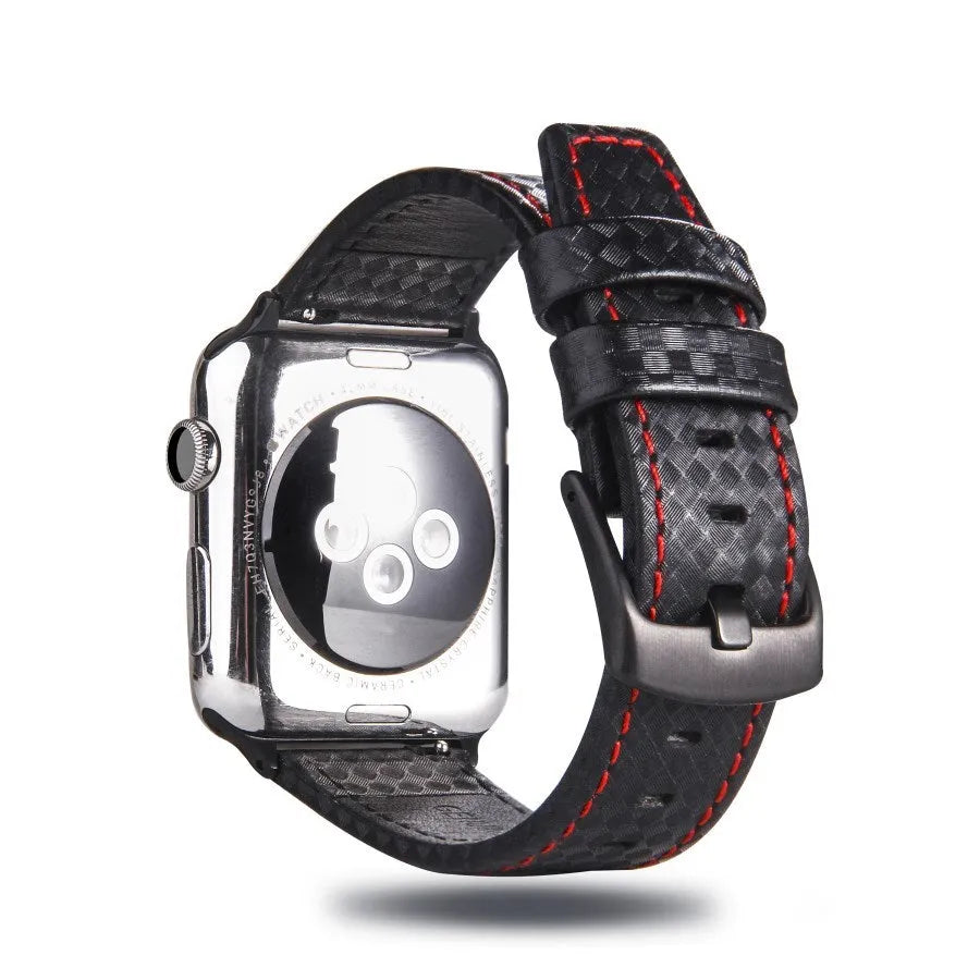 Compatible carbon fibre and leather Apple Watch strap with PC hard case in red, black, orange, and blue colour options.