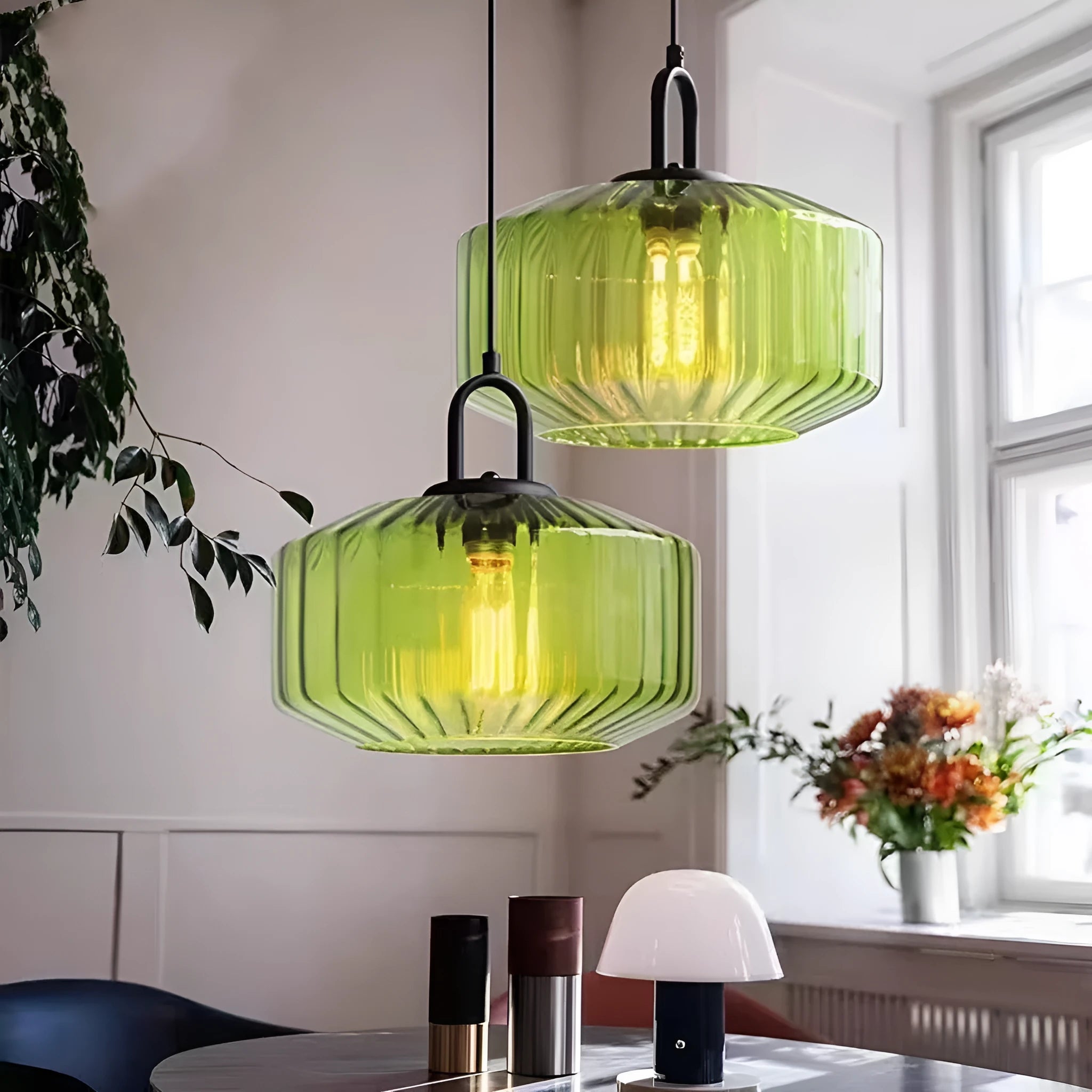 High grade stained glass chandelier in modern simplicity style on ceiling, showing warm light through coloured glass panels