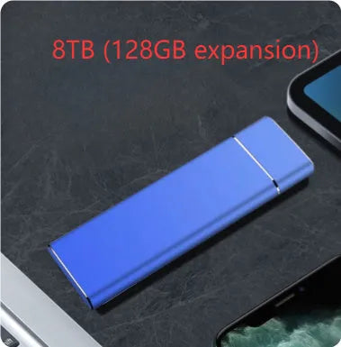 Sapphire blue portable solid state external hard disk with metal shell showing compact design