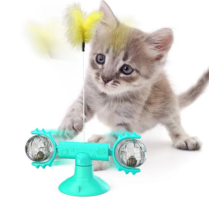 Cat rotating windmill toy with suction base and two transparent bins on blades