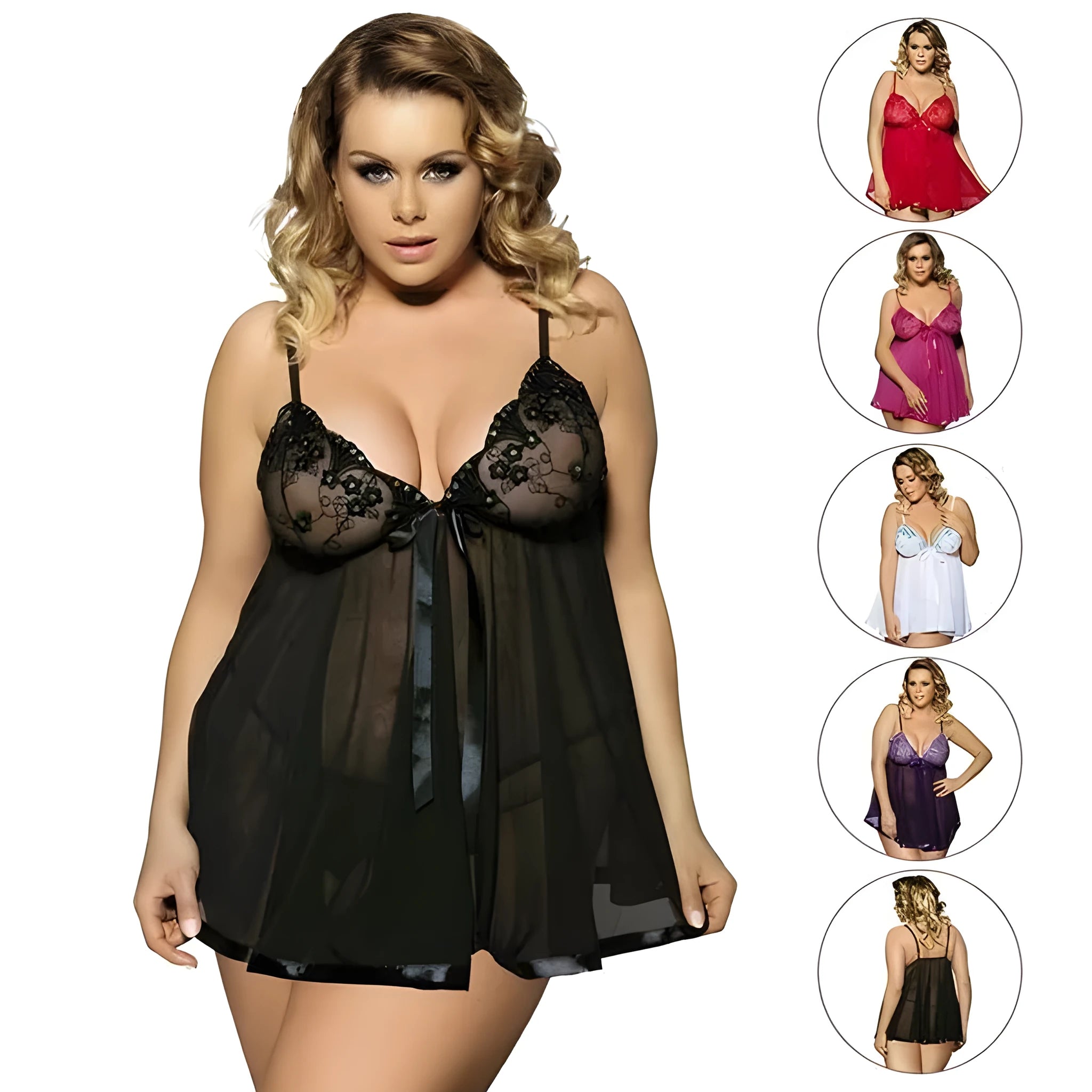 Women's purple seamless lace mesh sleepdress lingerie for plus sizes, shown on a hanger.