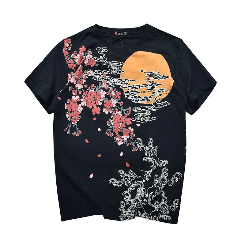 Embroidered men's cotton T-shirt in black with subtle embroidery on front