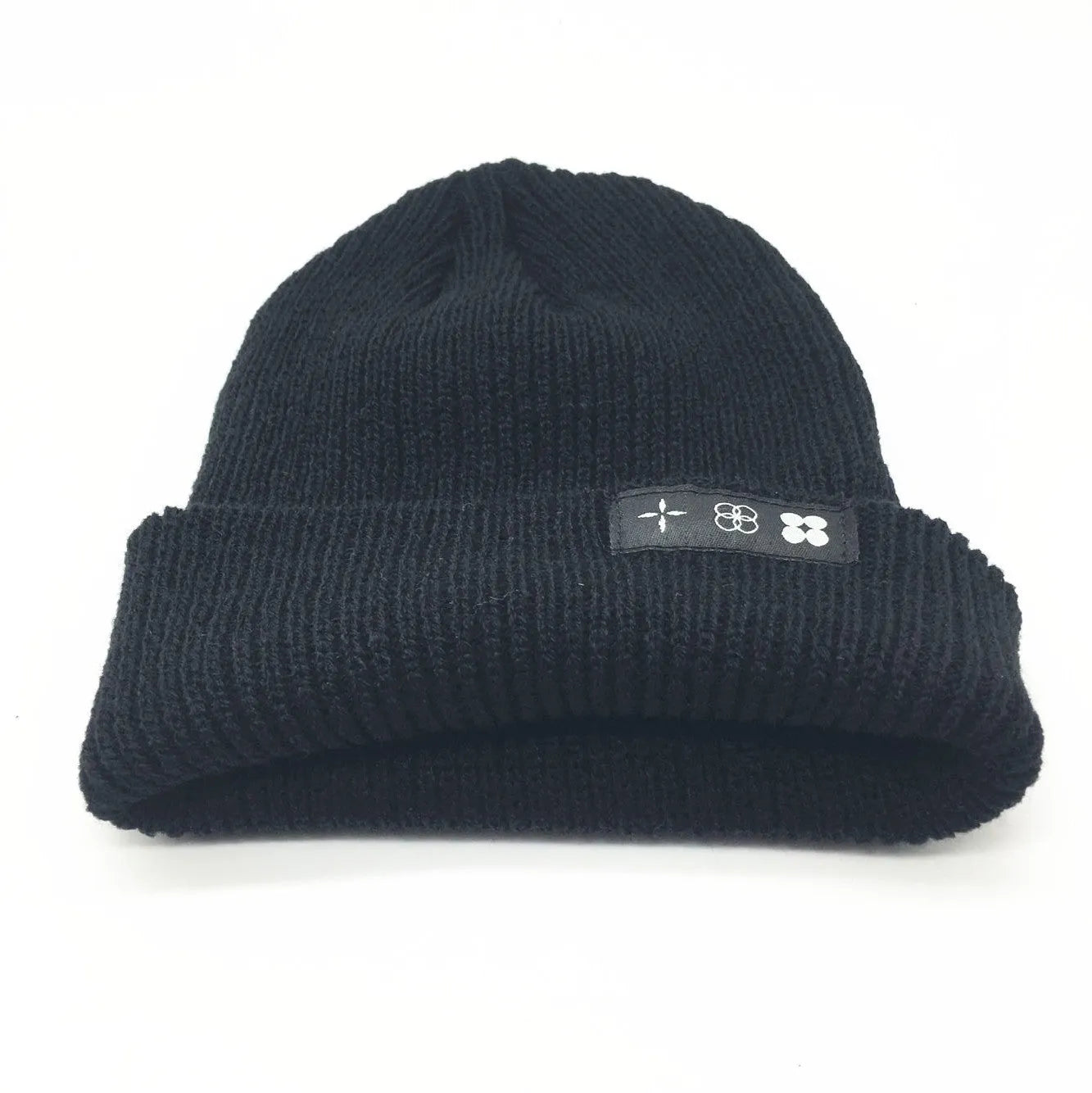 Black wool jacquard knit cap for adults with letter stitching, dome style, unisex