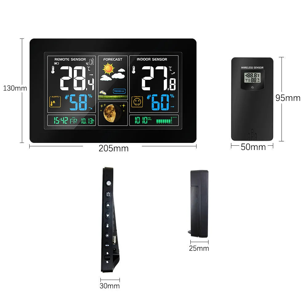 Black rectangular radio controlled alarm clock with LCD perpetual calendar, humidity, and weather forecast display