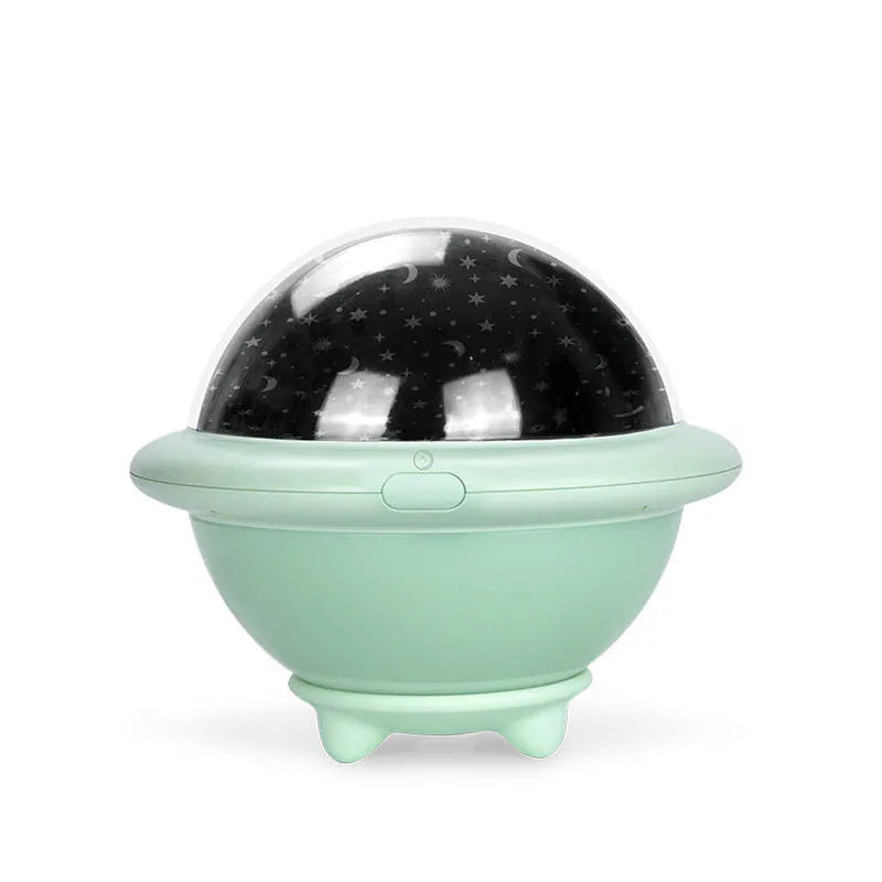 UFO-shaped plastic starry sky projection light in green colour showing rotating LED display