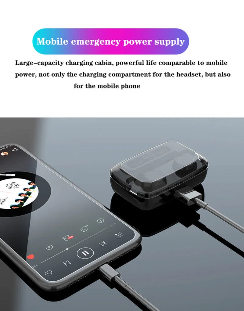 Black M11 style Bluetooth wireless headset with digital power display showing battery level