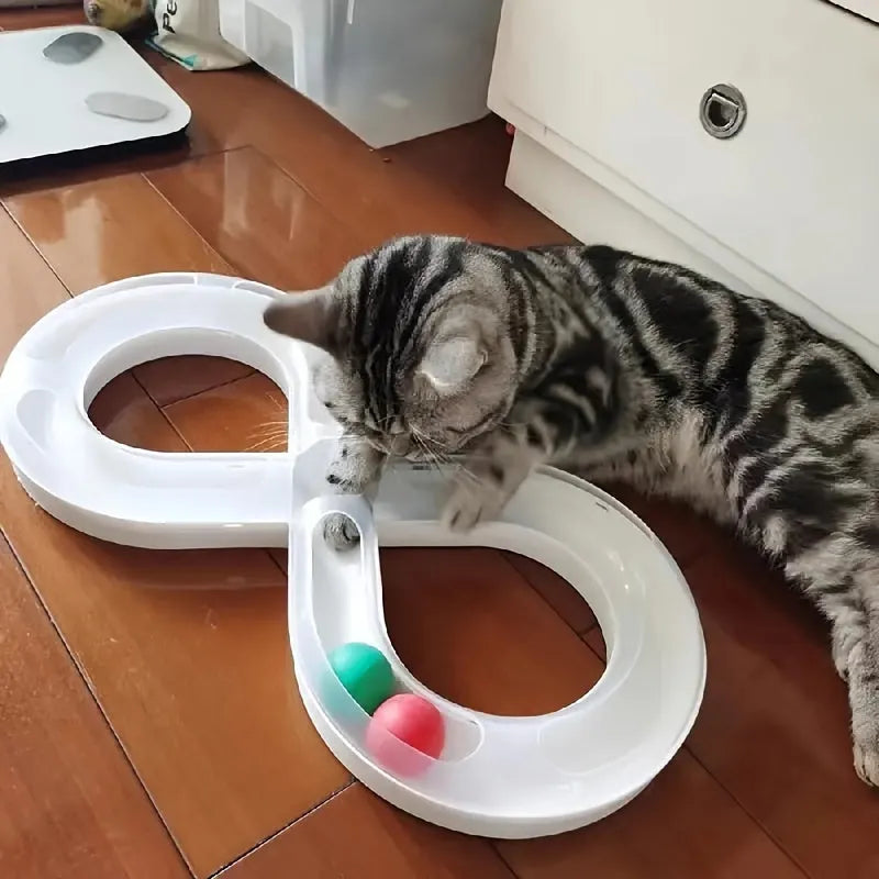 Blue and white cat turntable track toy with ball measuring 50cm long