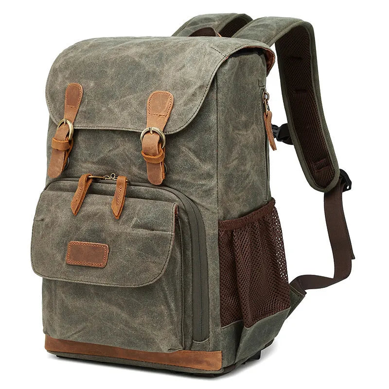 Canvas DSLR camera backpack in khaki colour with backpack straps and camera compartment