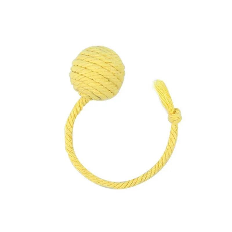 Colourful cat toy ball with rope tail and internal jingle bell in two size options