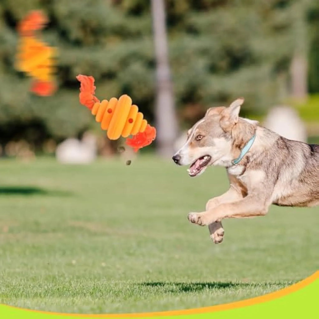 Green and yellow silicone dog ball with rope knot, showing spiral design for treat dispensing.