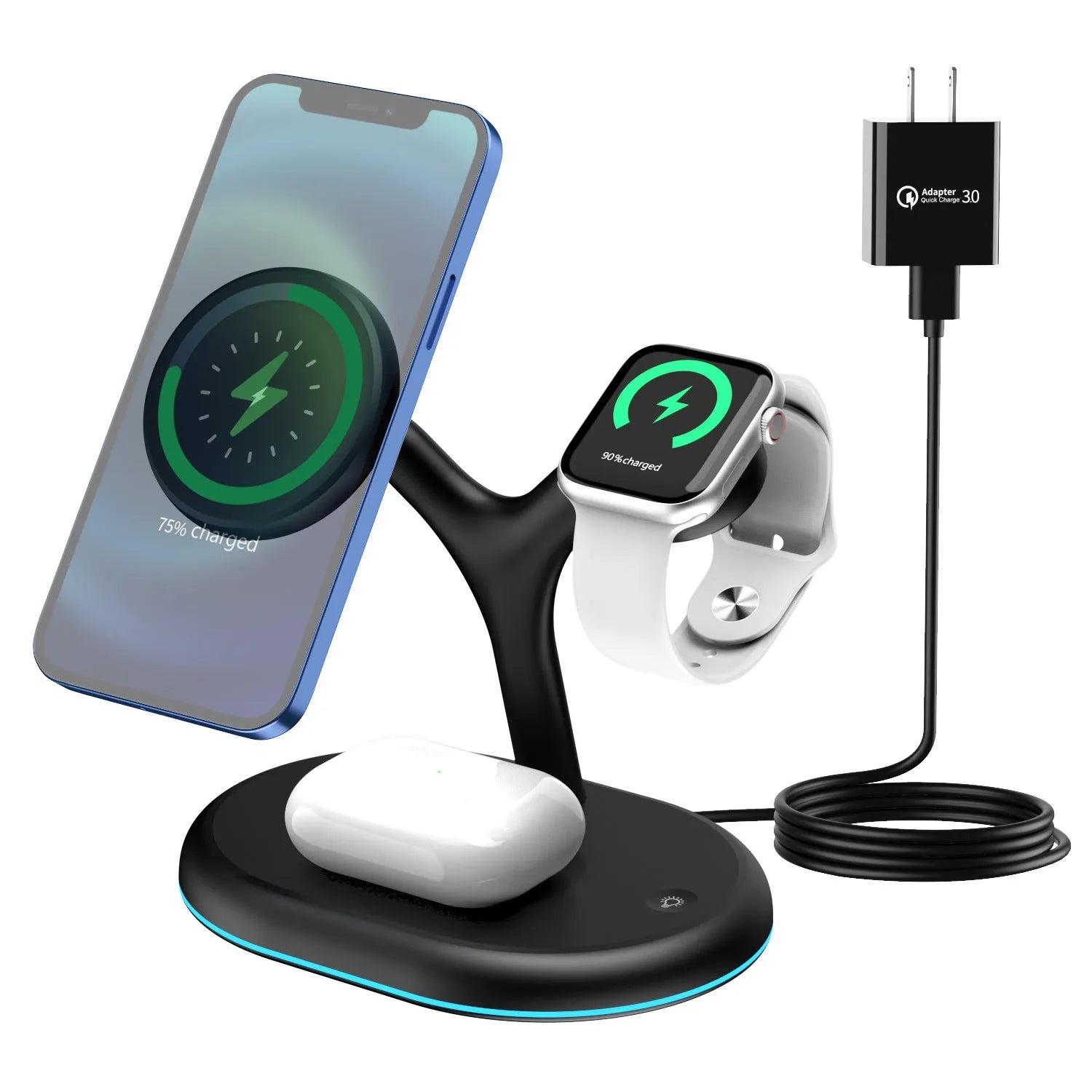 Black ABS magnetic wireless charger with three-in-one design for mobile devices