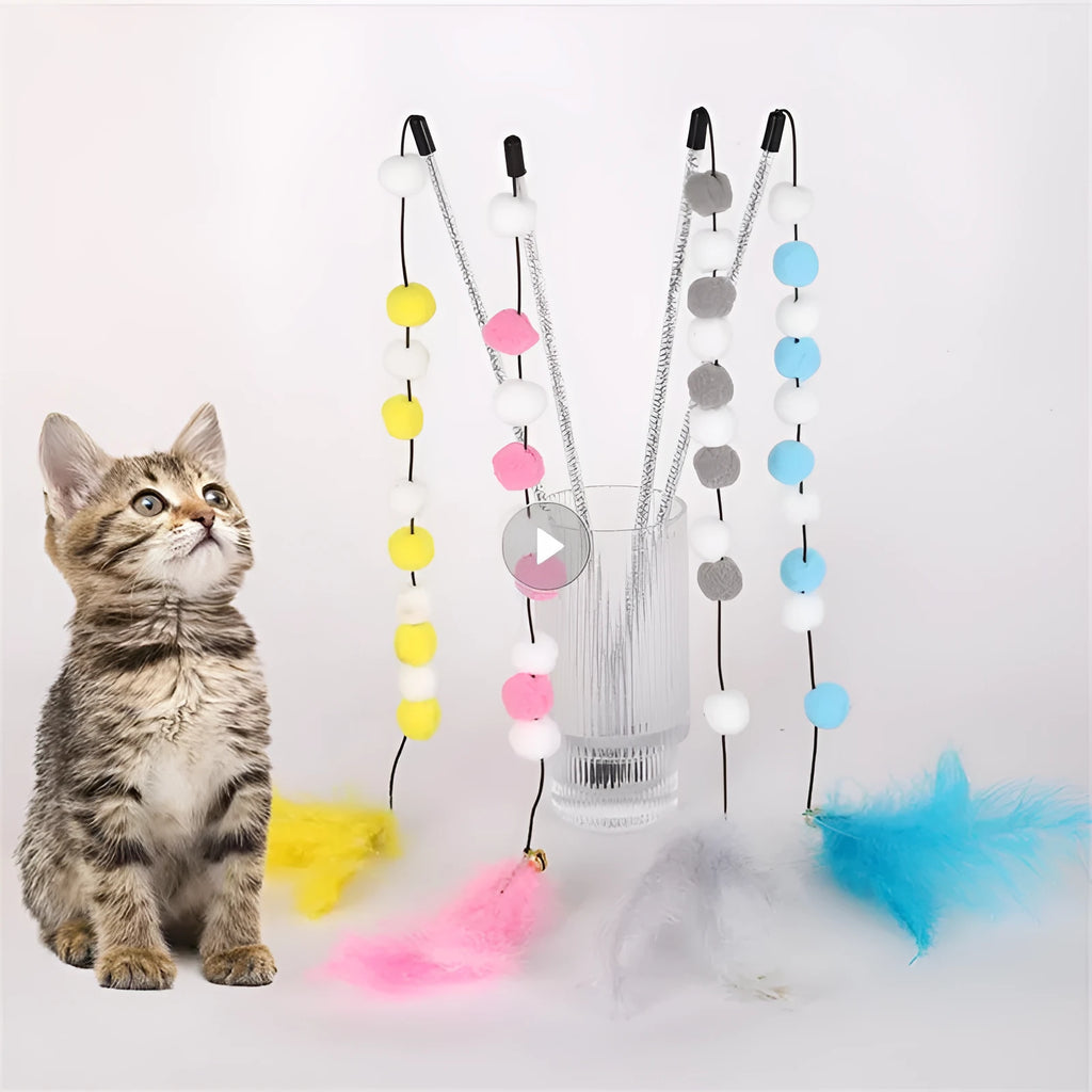 Grey, yellow and blue cat teaser rod with bell and feather attachment, 31cm long