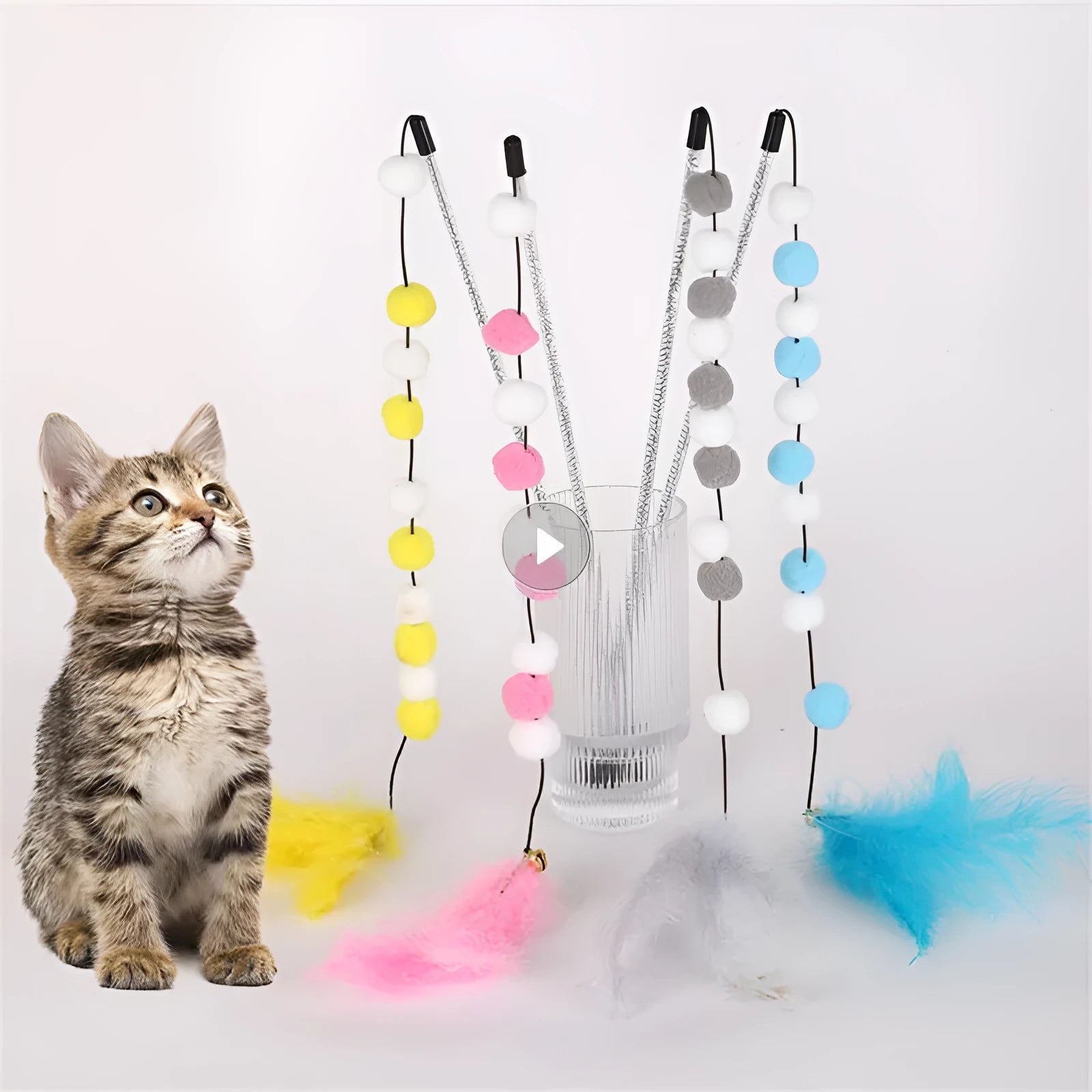 Grey, yellow and blue cat teaser rod with bell and feather attachment, 31cm long