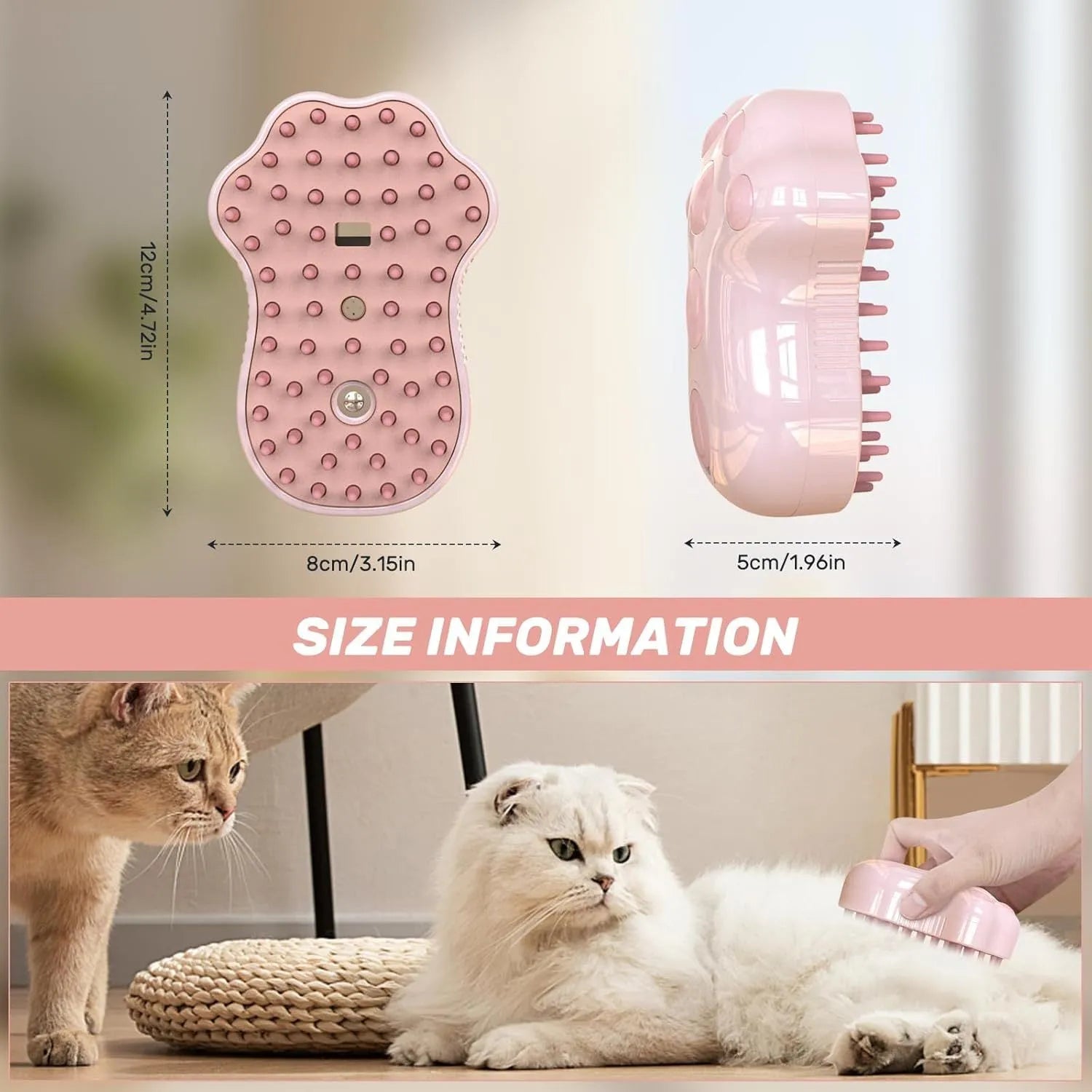 Blue self-cleaning cat steam brush with silicone head and water spray function.