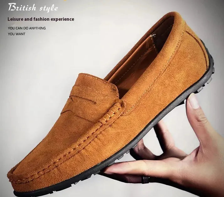 Men's brown suede casual slip-on loafers with a round toe and flat rubber sole