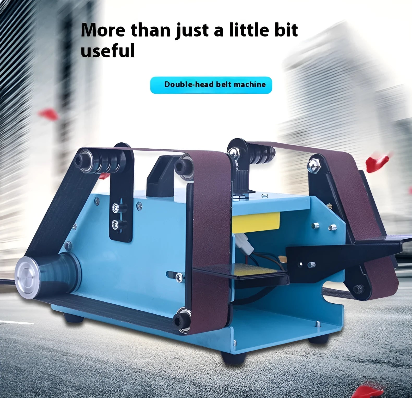 Blue desktop dual-axis belt sander with variable speed control for workshop sharpening and polishing