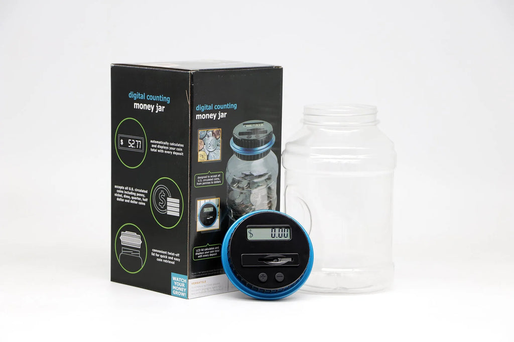 Transparent digital coin counting money box with LCD screen on black lid, 11.5cm by 20cm