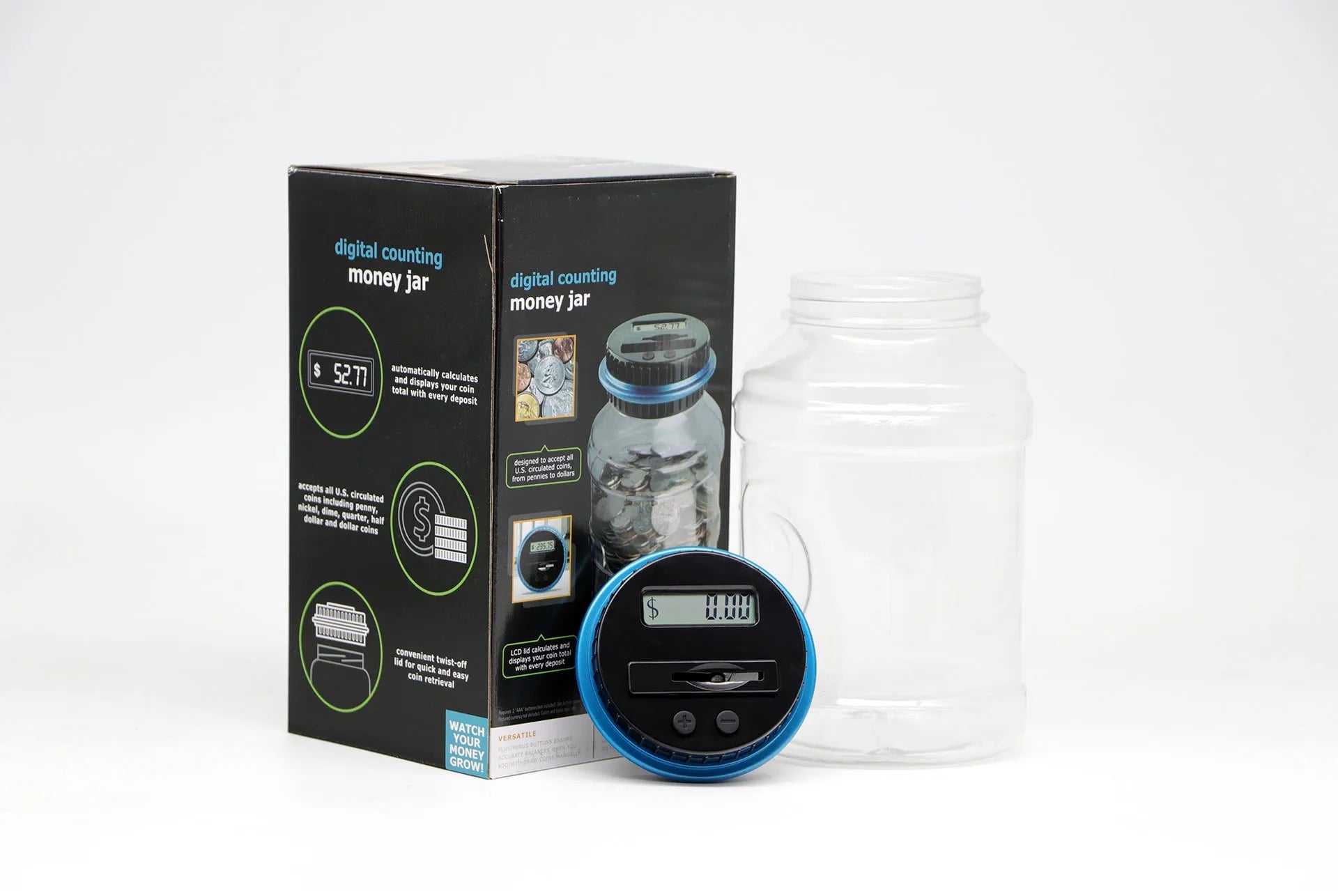 Transparent digital coin counting money box with LCD screen on black lid, 11.5cm by 20cm