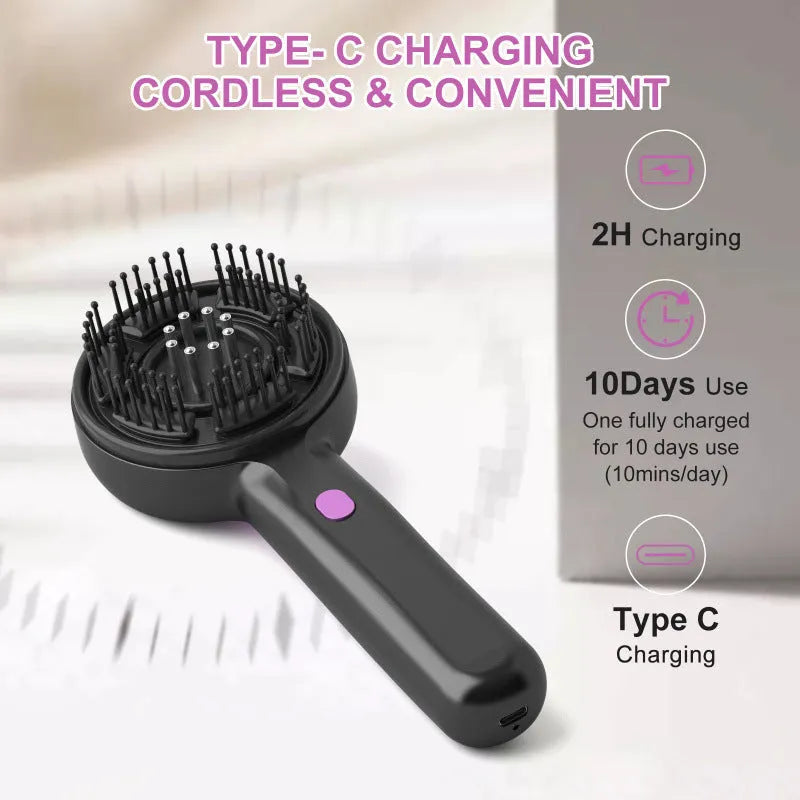 Black USB-powered head massager with a comb head and mechanical speed control switch