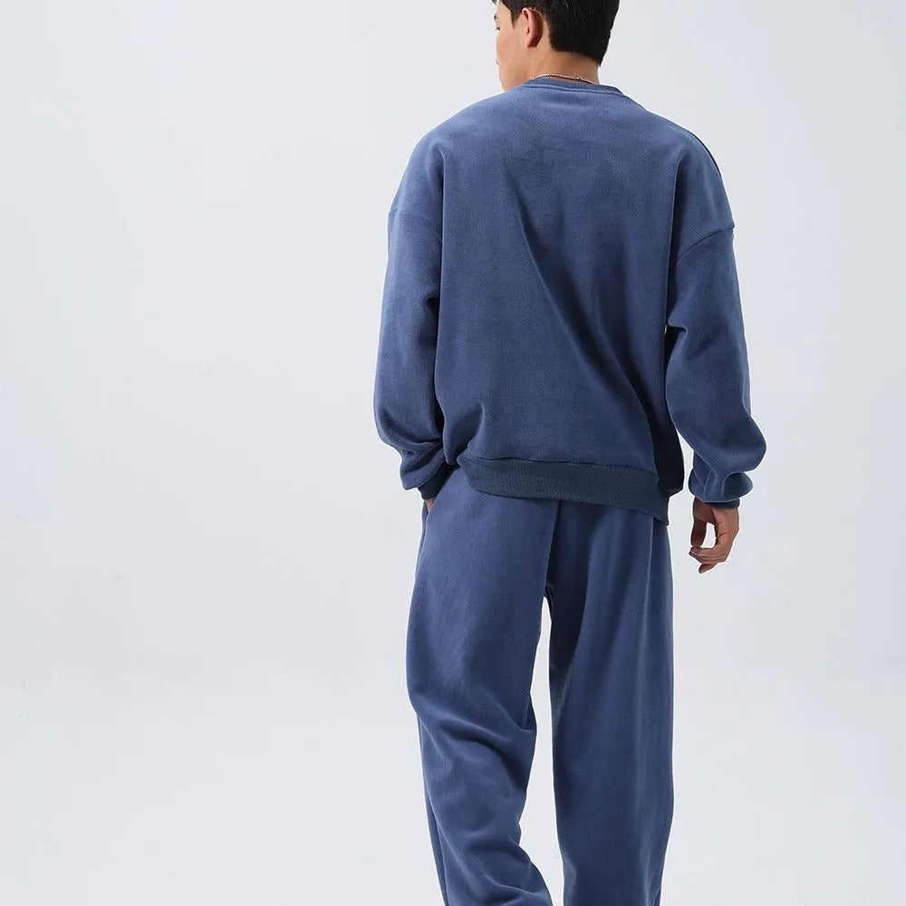 Men's polar fleece sports suit set with crew neck coat and padded trousers in double-sided shake design