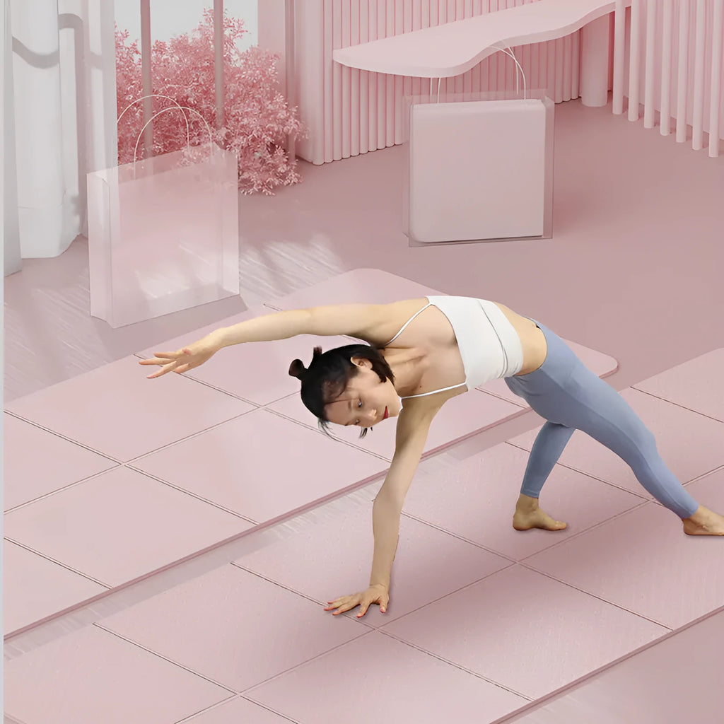 Folding purple TPE exercise mat showing six-fold design and non-slip surface texture
