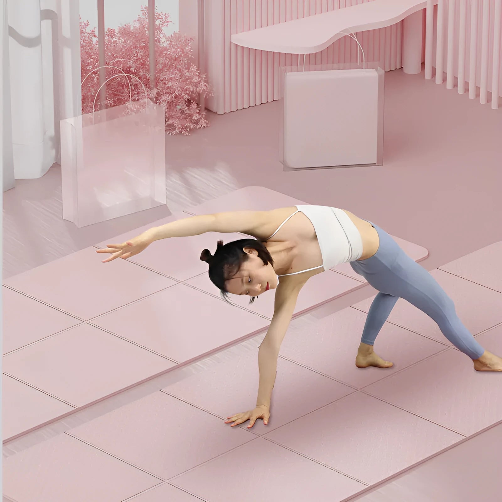 Folding purple TPE exercise mat showing six-fold design and non-slip surface texture