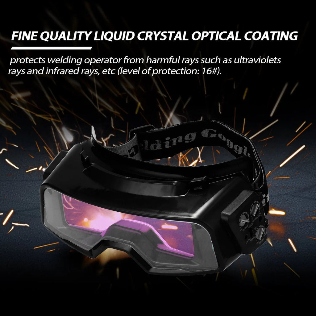 Black automatic welding mask with a large rectangular viewing lens and head strap.