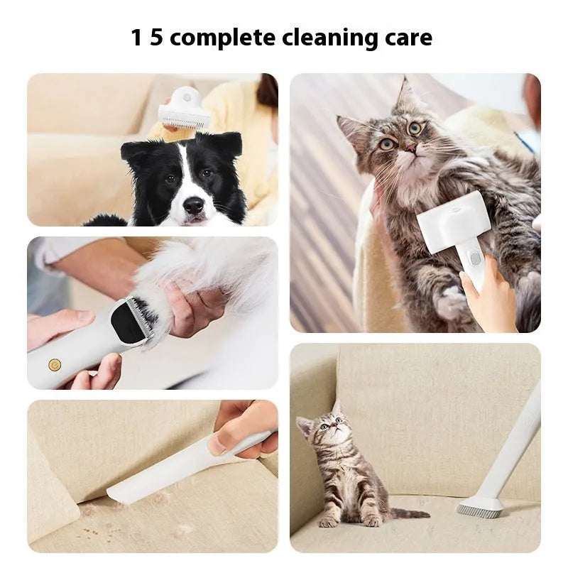 Pink and white multifunctional vacuum cleaner with pet grooming attachments including electric shear
