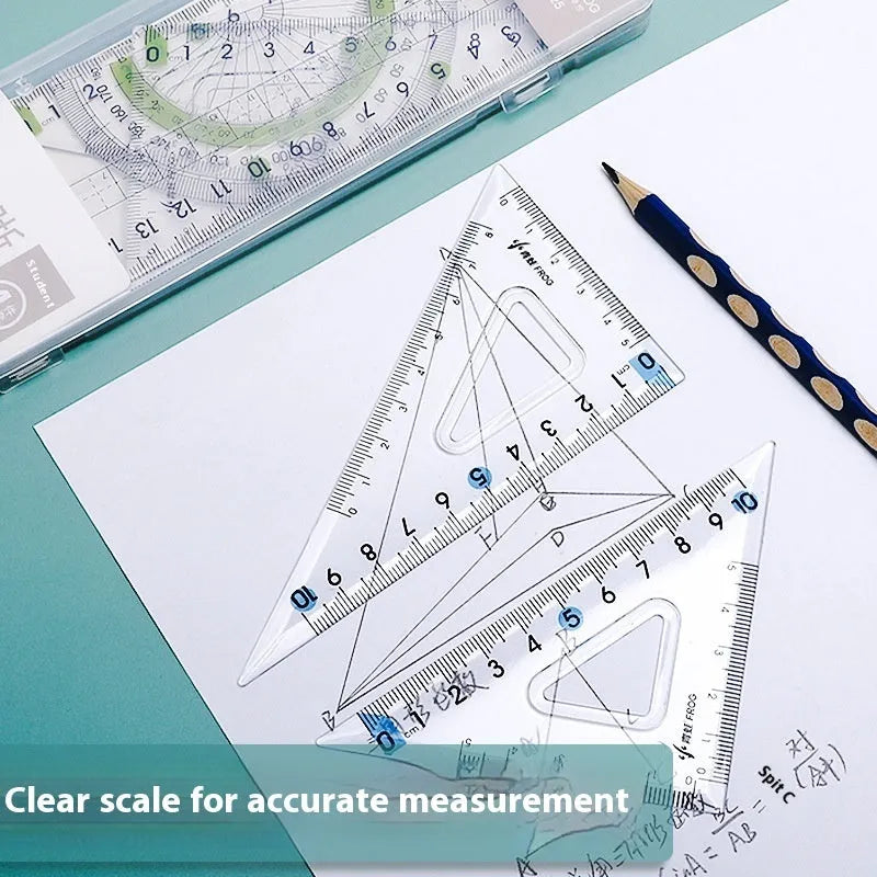Youpai transparent acrylic drawing ruler set with square protractor on a technical drawing.