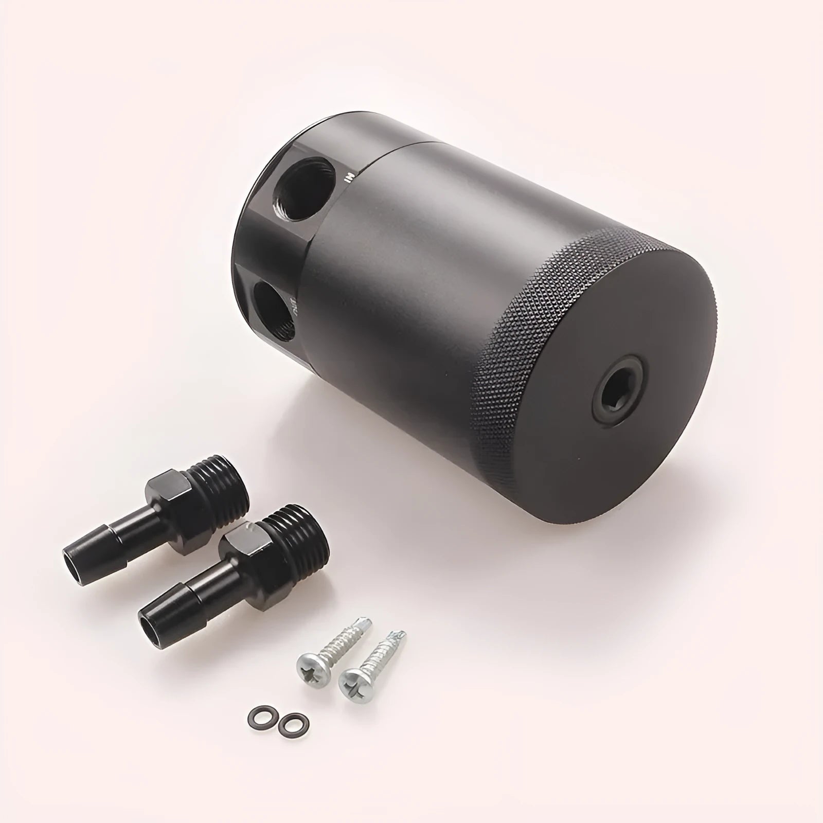 Black aluminium automotive oil pot with two connector holes and optional drain valve