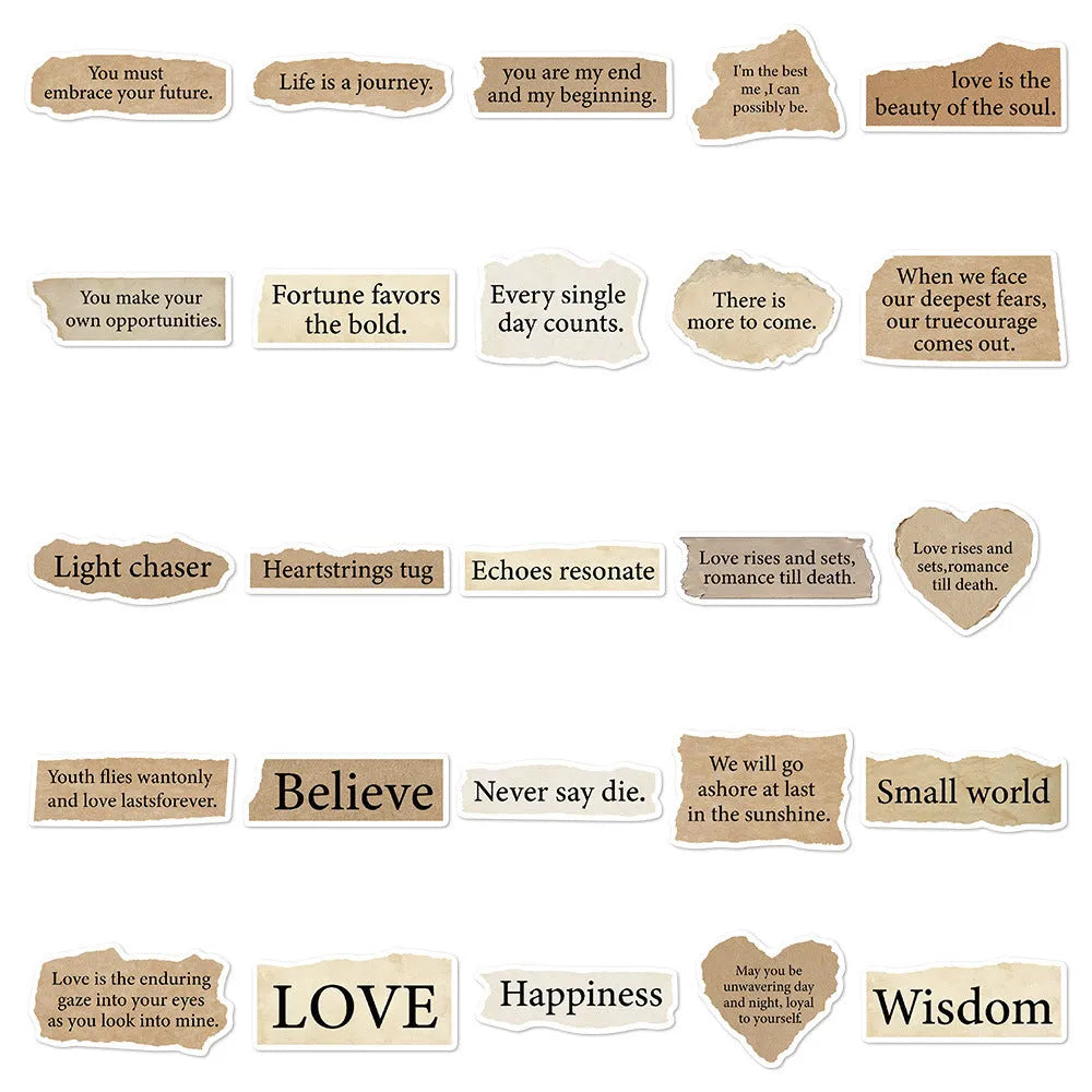 Set of 25 torn paper edge English design repositionable PVC stickers in assorted sizes.