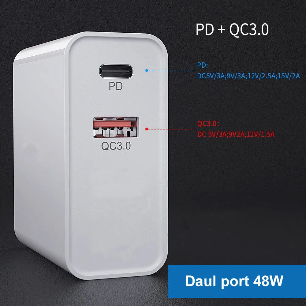White multi-port USB fast charger with UK plug showing PD and QC ports on a table.