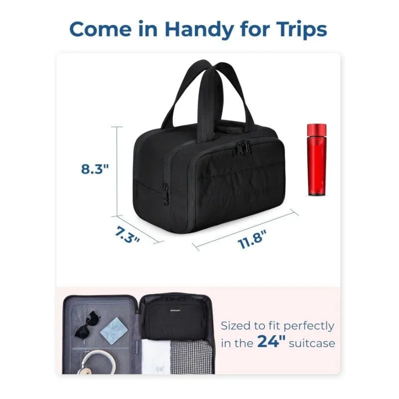 Large lightweight travel wash bag in beige colour with wide-opening design showing interior space