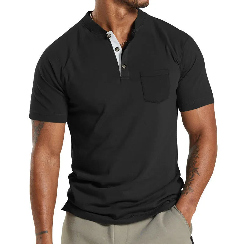 Plus size man modelling a solid colour short sleeve shirt with a chest pocket.