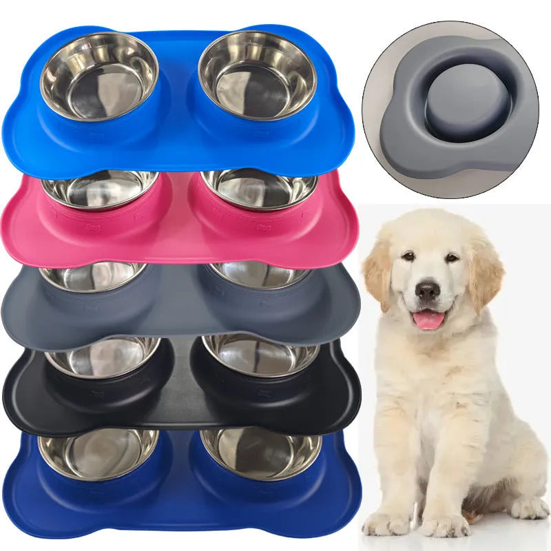 Large silicone double dog bowl with stainless steel insert in multiple colour options