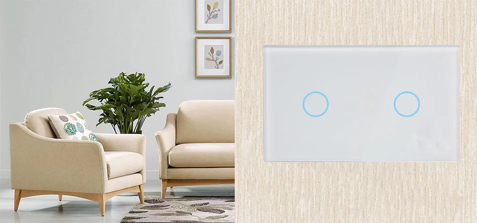 Modern 2-gang touch light switch with tempered glass panel in black, white, or gold.