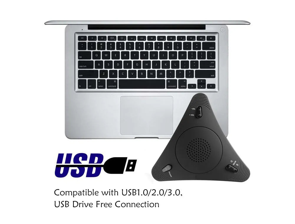 Black USB omnidirectional conference microphone with volume and mute buttons