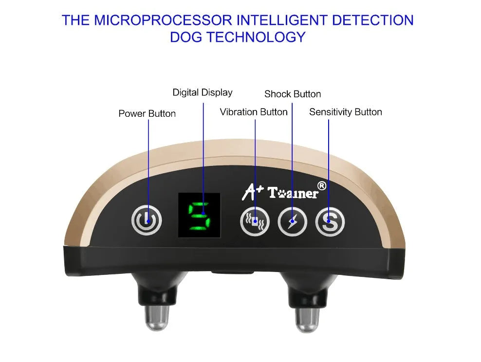 Digital anti-barking training collar with display screen on adjustable black strap for dogs