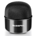 Small black waterproof portable Bluetooth speaker with control buttons.