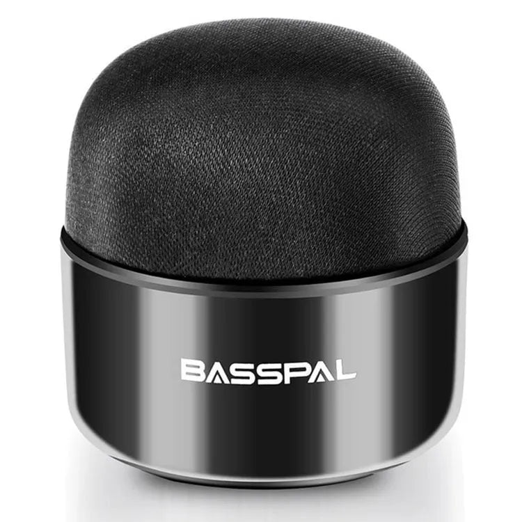 Small black waterproof portable Bluetooth speaker with control buttons.