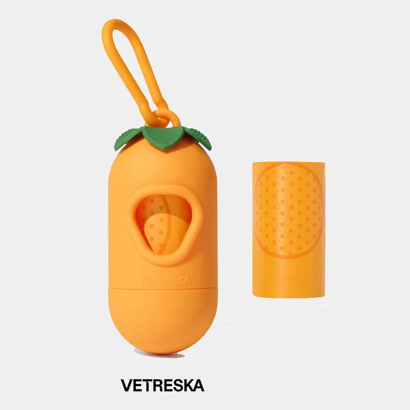 Dog waste bag dispenser capsule with a roll of scented bags in strawberry, orange, or cherry blossom design.