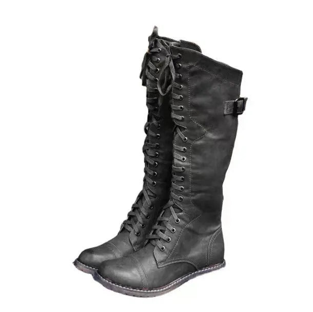 Chunky heel high leg boots in black, wine red, or brown with round toe and cotton lining