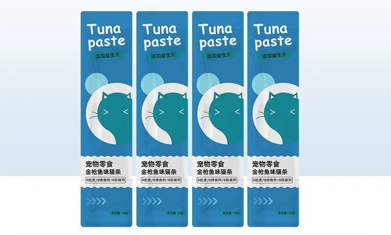Pack of cat treat strips in four flavour varieties including chicken catgrass and salmon astaxanthin.