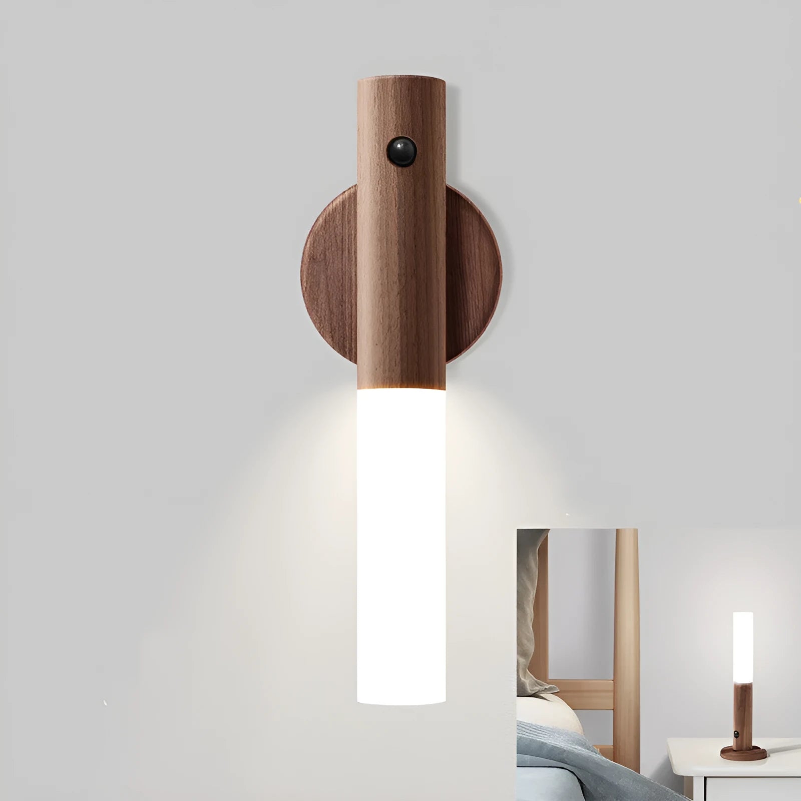 Smart sensor LED desk lamp in wood and acrylic glass on a desk.